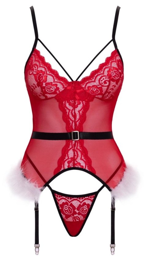 Cottelli Lingerie X-Mas Basque L/XL z koronką i piorkami, czerwony