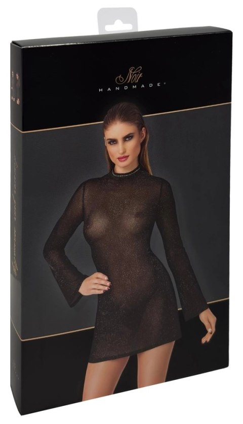 Noir Handmade Mini Dress L z transparentnym połyskiem i długimi rękawami