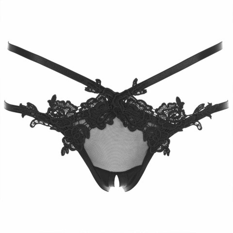 Obsessive I Like It Rough czarne stringi z kwiatowym motywem i otwartym krokiem