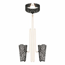 Rosy Gold Lace Cuffs & Collar - Czarna koronka, złote łańcuszki
