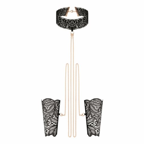 Rosy Gold Lace Cuffs & Collar - Czarna koronka, złote łańcuszki