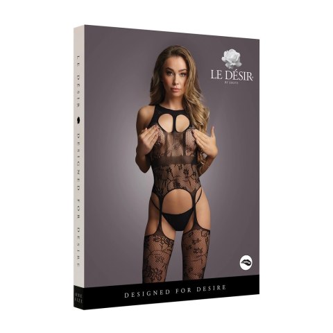 Le Desir Bodystocking S-XL na szelkach z kwiatowym wzorem czarny