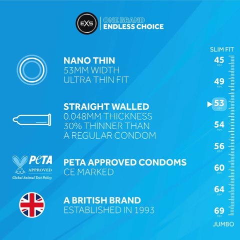 EXS Nano Thin prezerwatywy ultracienkie 12 sztuk bez zapachu, 53 mm