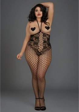 Dreamgirl Bodystocking Plus Size z kwiatową koronką i otwartą gorą