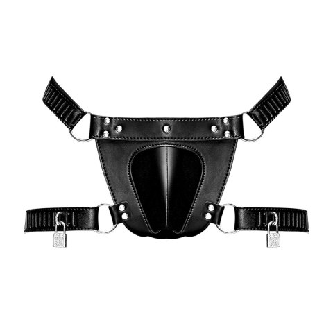 Male Power Scorpio Stringi z imitacji skory z regulacją i zamkiem