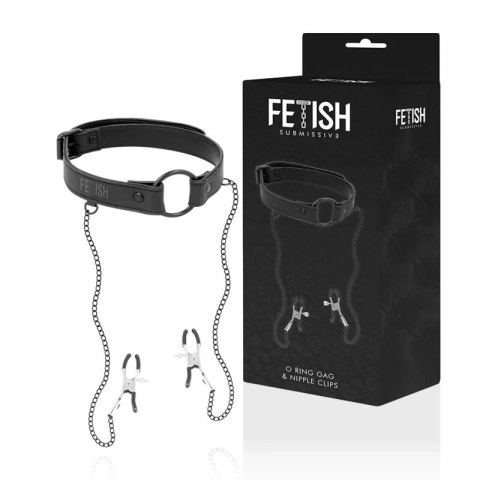 Fetish Submissive Ring Gag z zaciskami na piersi, skora wegańska FETISH SUBMISSIVE