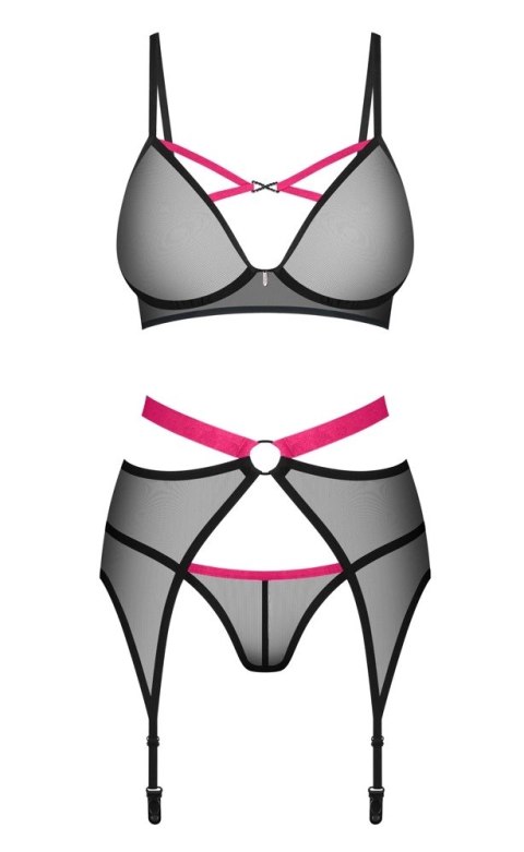 Obsessive Novenes M/L - Czarny komplet 3-częściowy z rożowymi akcentami Obsessive