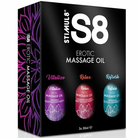 S8 Zestaw Olejkow do Masażu 3x50ml - Jojoba, Migdał, Sezam, 3 Aromaty STIMUL8