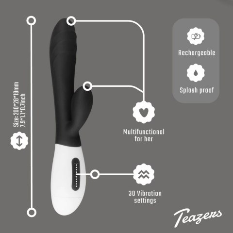 Teazers Rabbit Vibrator Black - silikonowy model dwufunkcyjny USB 30 trybow