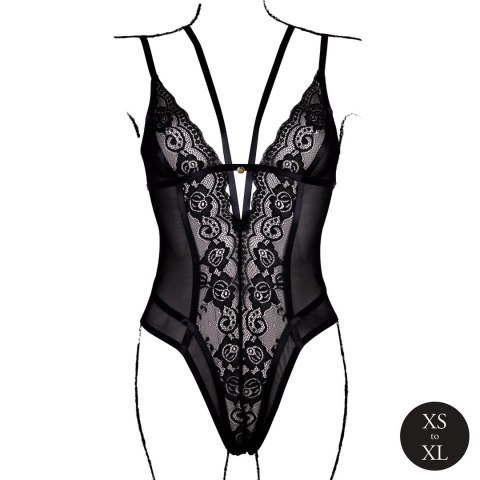 Obsessive Black Lace Bodysuit z Regulacją, Model z Fiszbiny, One Size
