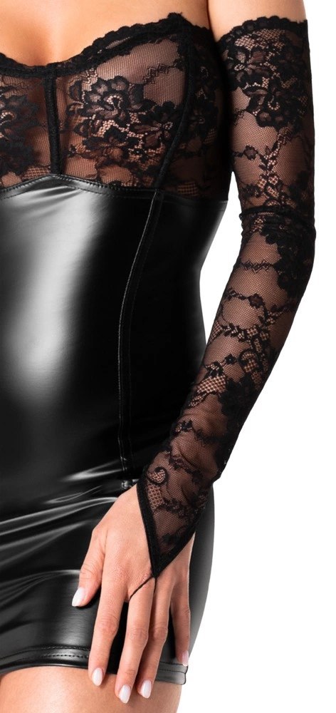 Noir Orgia S Czarna Mini Sukienka Bez Ramiączek z Koronką i Rękawiczkami