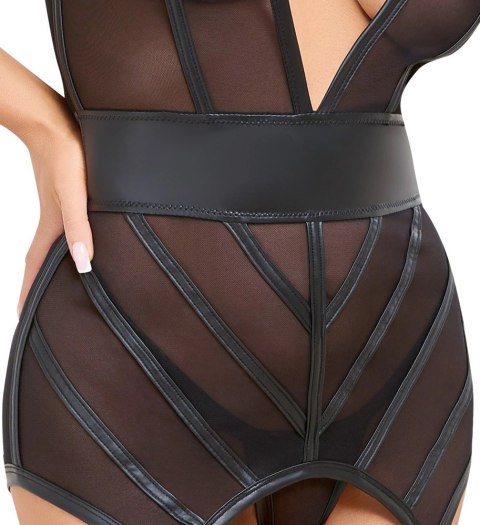 Cottelli LINGERIE Czarna koszulka z paskami do pończoch i stringami S
