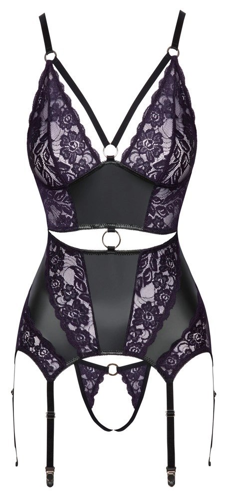 Cottelli Lingerie Top matowy z koronką i stringi bez krocza L czarny