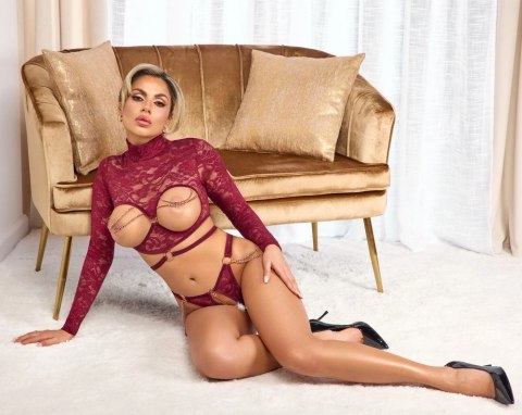 Abierta Fina Top koronkowy bez miseczek + stringi otwarte czerwone XL