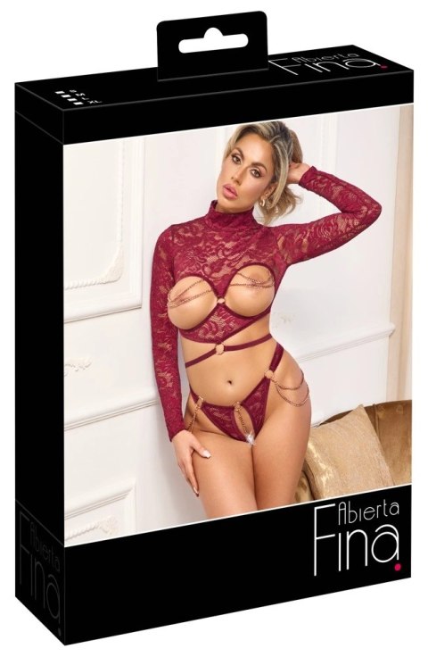 Abierta Fina komplet koronkowy top otwarty + stringi czerwone S