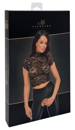 Noir Top Koronkowy Kwiatowy Czarny M - Elastyczny Crop z Stojką