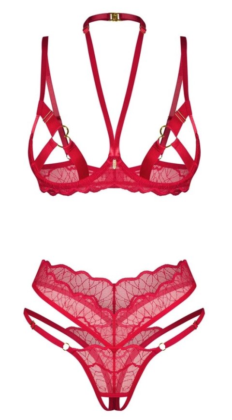 Obsessive Cupide Desir komplet czerwony L/XL z koronką i złotymi detalami