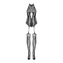 Obsessive Bodystocking F240 XL/2XL czarny, wzor botaniczny, elastyczny