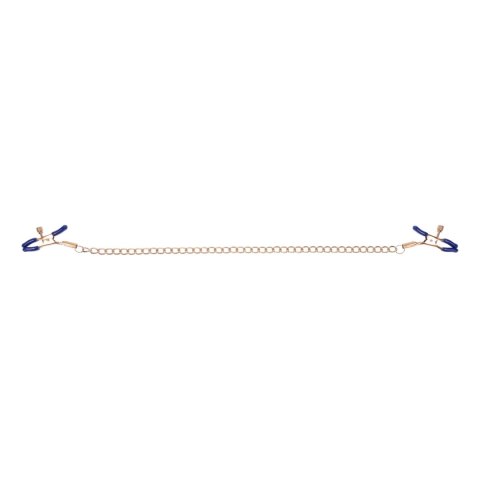 Sportsheets Cougar Złote Zaciski z Łańcuszkiem i Niebieskimi Końcowkami