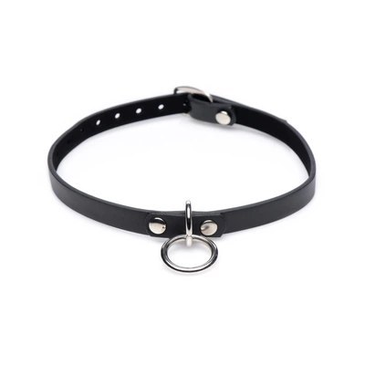 XR Brands choker skorzany z pierścieniem, czarny, regulowany rozmiar