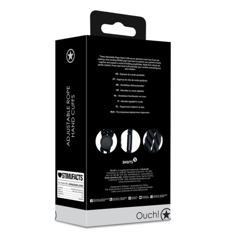 Ouch! Rope Regulowane mankiety na ręce, wytrzymała lina czarna