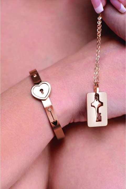 XR Brands bransoletka z mankietem i naszyjnik klucz rożowe złoto