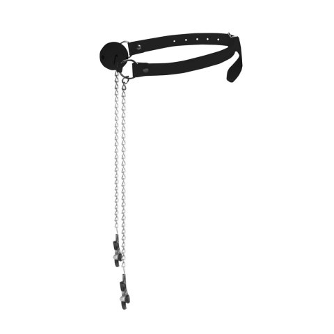 Ouch! Kulowy knebel skorzany z zaciskami na sutki, regulowany