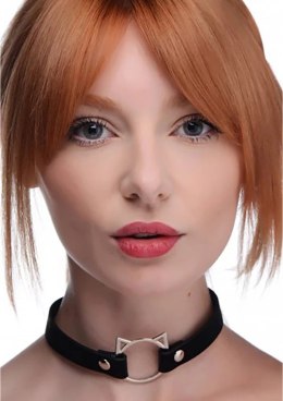 XR Brands Slim Kinky Kitty Ring Choker skorzany regulowany czarny