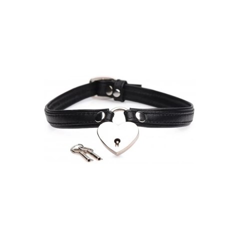 XR Brands choker skorzany z zamkiem-sercem i kluczami, czarny, regulowany