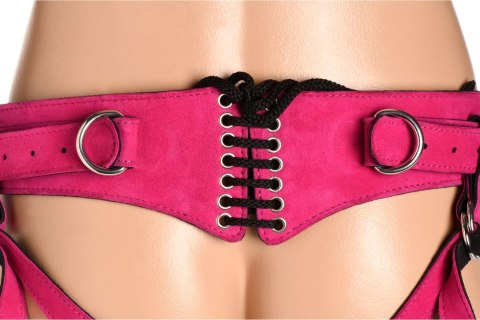 XR Brands skorzana uprząż gorsetowa z regulacją i o-ringiem