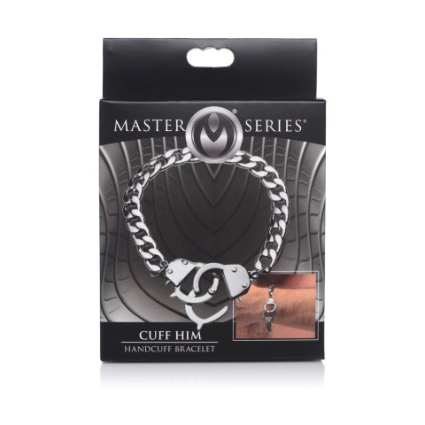 XR Brands Cuff Him stalowa bransoletka z łańcuchem, regulowana