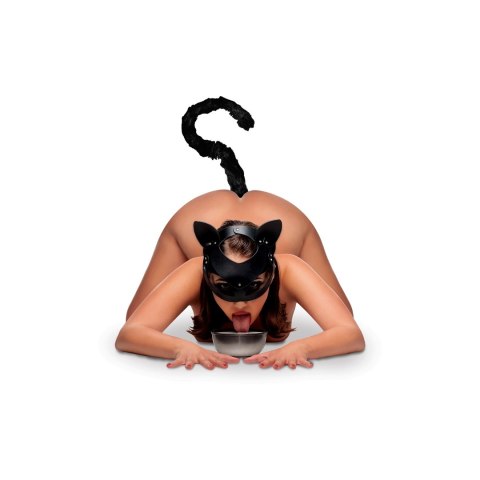 XR Brands Zestaw Cat Tail Plug & Skorzana Maska - czarny, długi ogon