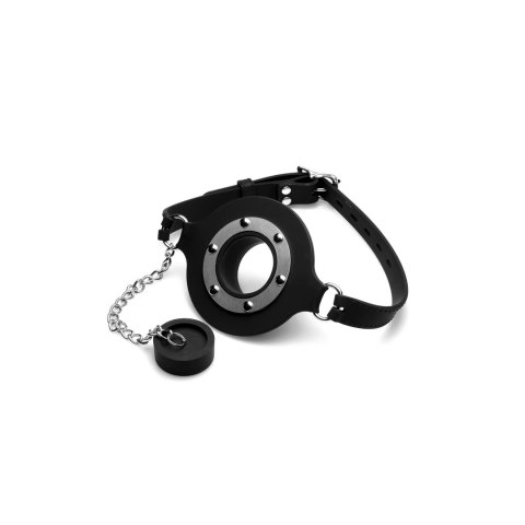 XR Brands silikonowy knebel-ring z paskami i łańcuszkiem, czarny