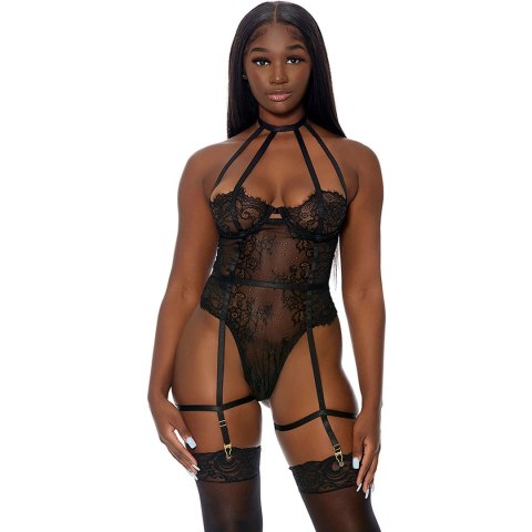 Forplay Body koronkowe siateczkowe S z fiszbinami i paskami czarne