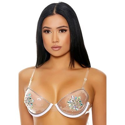 Forplay Clear Transparent Biustonosz z Fiszbiny Kwiatowe Dżety PU