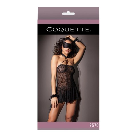 Coquette Babydoll Halter Leopard z Mankietami i Maską Kotka, S/M