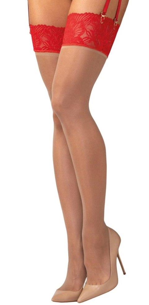 Obsessive Matildea pończochy z czerwoną koronką S/M, beżowe