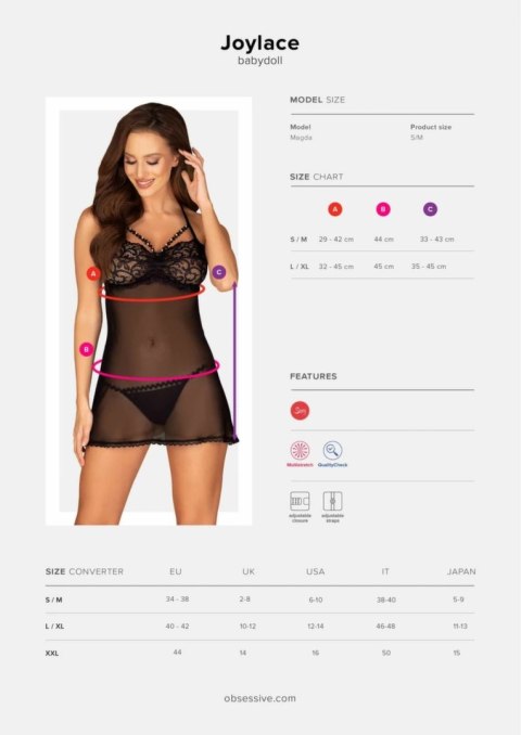 Joylace Babydoll Sheer Black z koronką i perłowymi detalami S/M