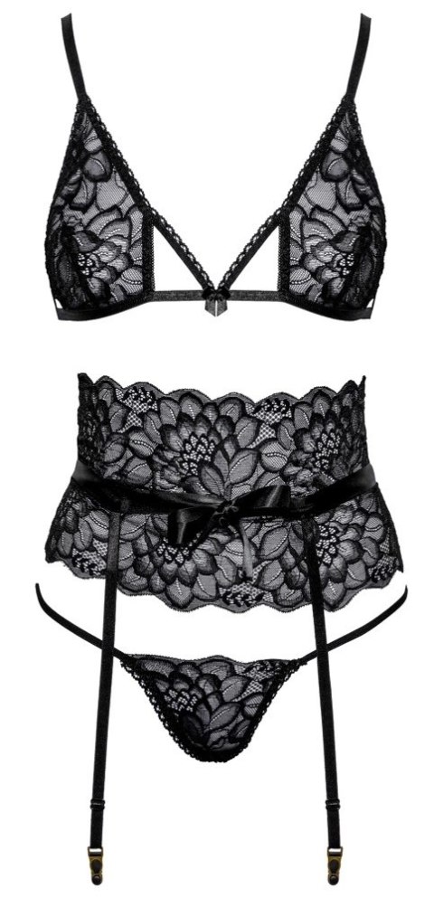 Kissable komplet bielizny z koronką i pasem do pończoch S/M czarny