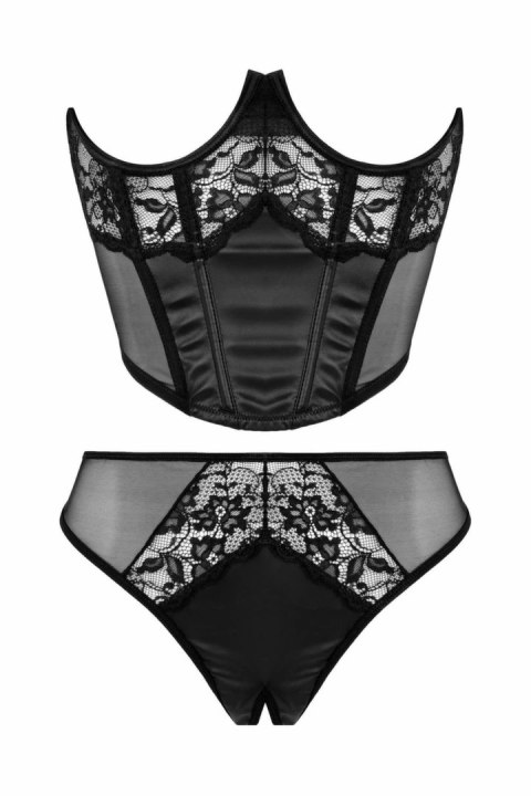 Passion Half Corset & Tiara Thong czarny, imitacja skory, koronka, S