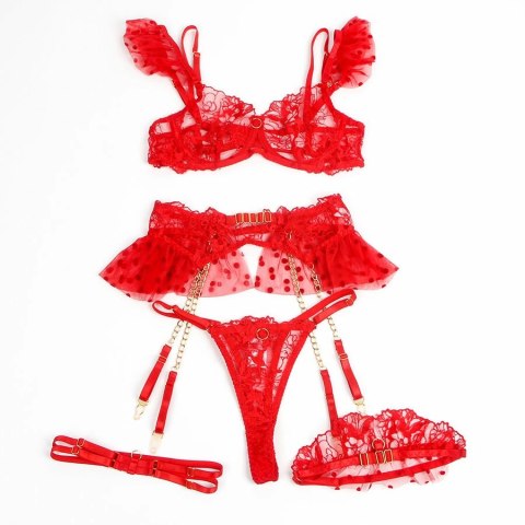 SUBBLIME 957506 Koronkowy komplet bielizny czerwony S/M z pończochami