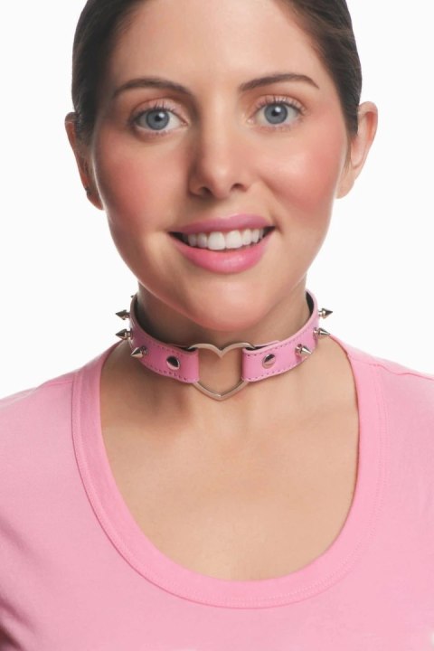 XR Brands Spiked Heart Choker Pink - Pasek ozdobny z kolcami, vegan leather
